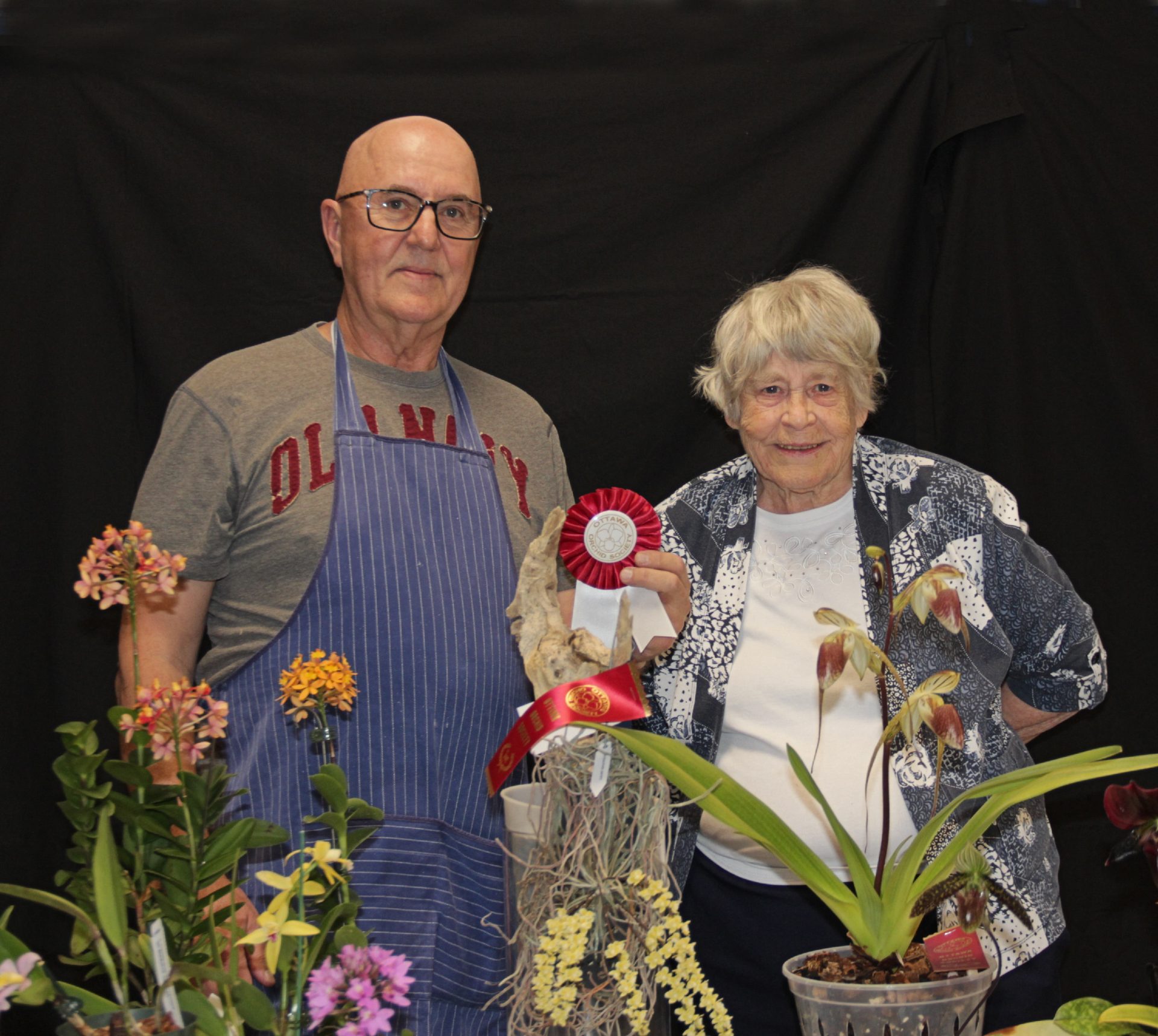 Best of Show Table Winner Claude Brault with his Chiloschista parishii and Jean Hollebone